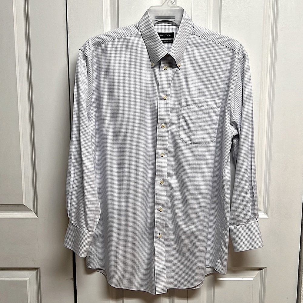 Nautica Blue White Checker Print Non Iron Cotton Dress Shirt Size 16